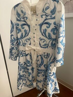 Blue Scroll-Print Mini Dress with Waist Tie